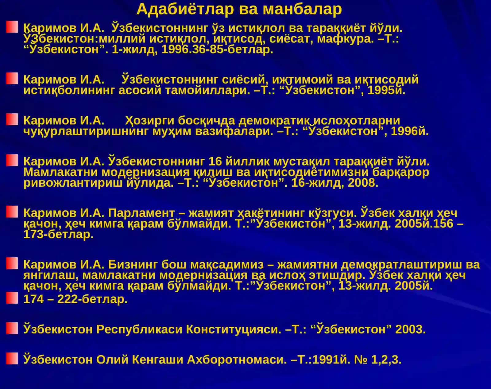 Ўзбекистонда ҳуқуқий, демократик давлат қурилиши. Фуқаролик жамияти асосларининг шакллантирилиши 3