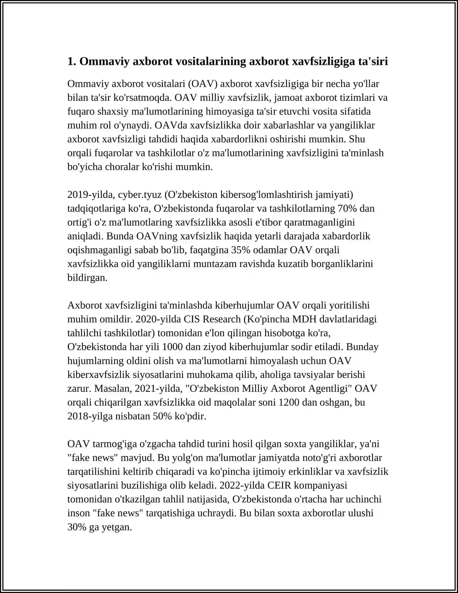 ÒZBEKISTON OMMAVIY AXBOROT VOSITALARI MAMLAKAT AXBOROT PSIXOLOGIK XAVFSIZLIGINING OMILI 3