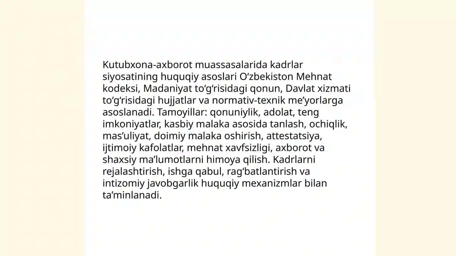 Kutubxona -axborot muassasalarida kadrlar siyosatini amalga oshirishning huquqiy asoslari 3