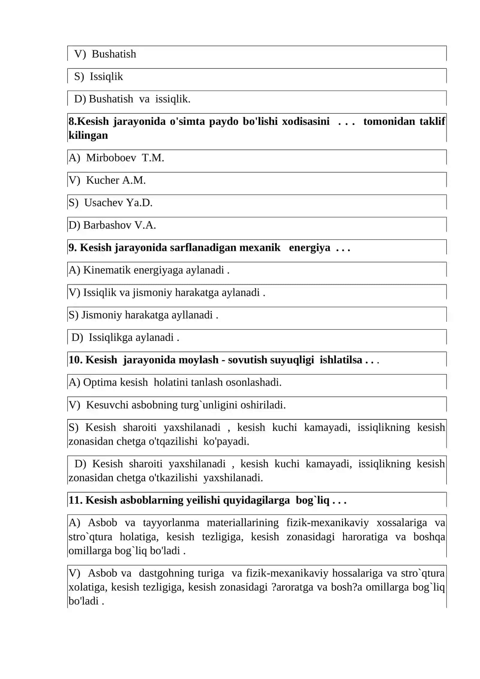 «Kesish nazariyasi asoslari va asboblari» fanidan T E S T VARIANT-1 3