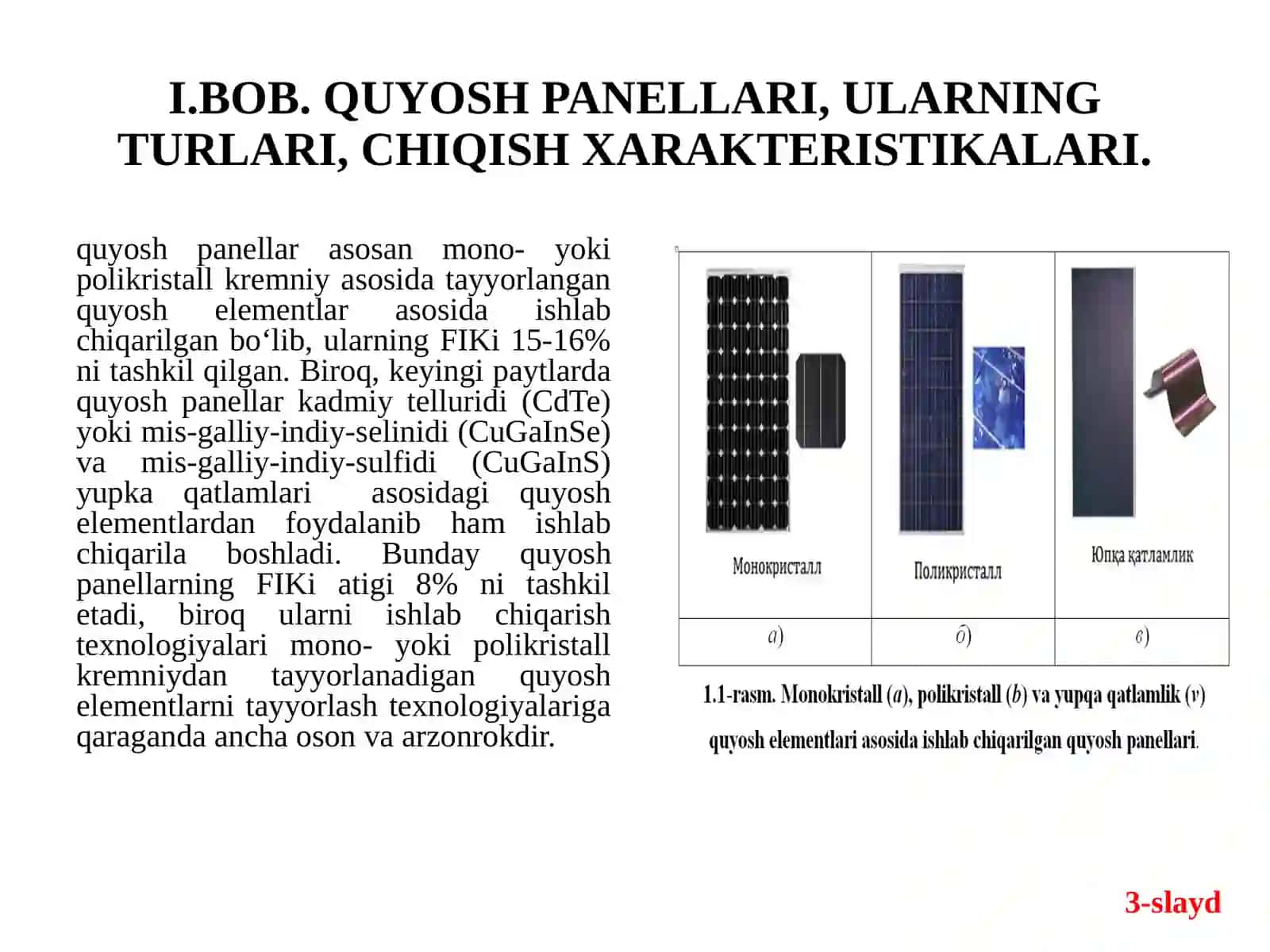 Quyosh panellarning xarakteristikalarining o’zgarish qonuniyatlarini o’rganish va energiya samarador 3