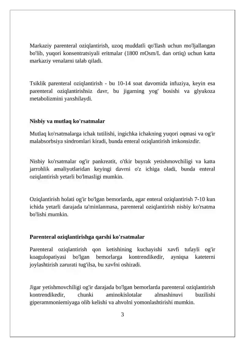 Parentral oziqlantirishga ko‘rsatma. Parentral oziqlantirish usullari va natijalarni baxolash 3