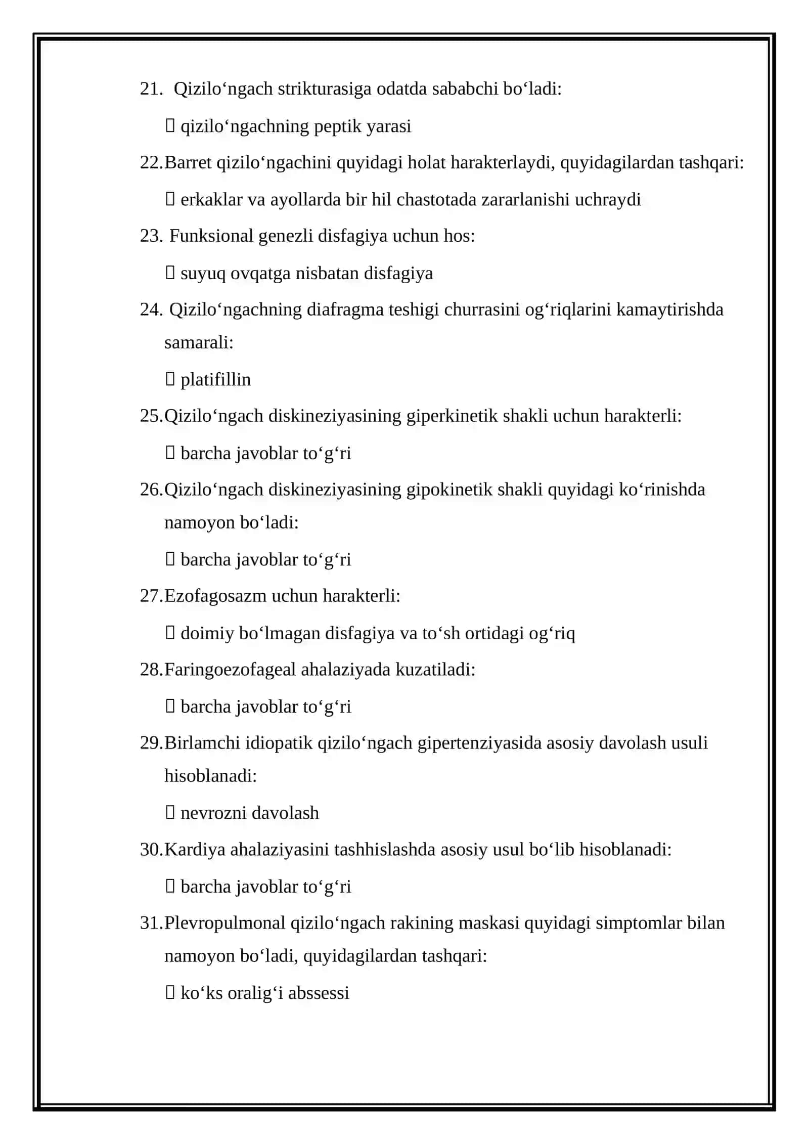 Gastroenterologiya mutaxassisligi boʻyicha shakllantirilgan test savollari roʻyxati 3