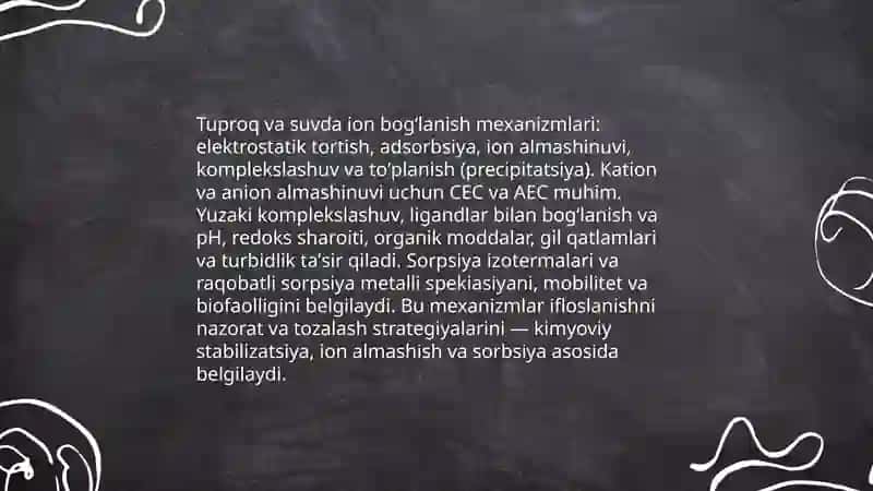Tuproq va suvning ifloslanishida ion boglanishlarni, ulardan tozalash usulini ishlab chiqish 3