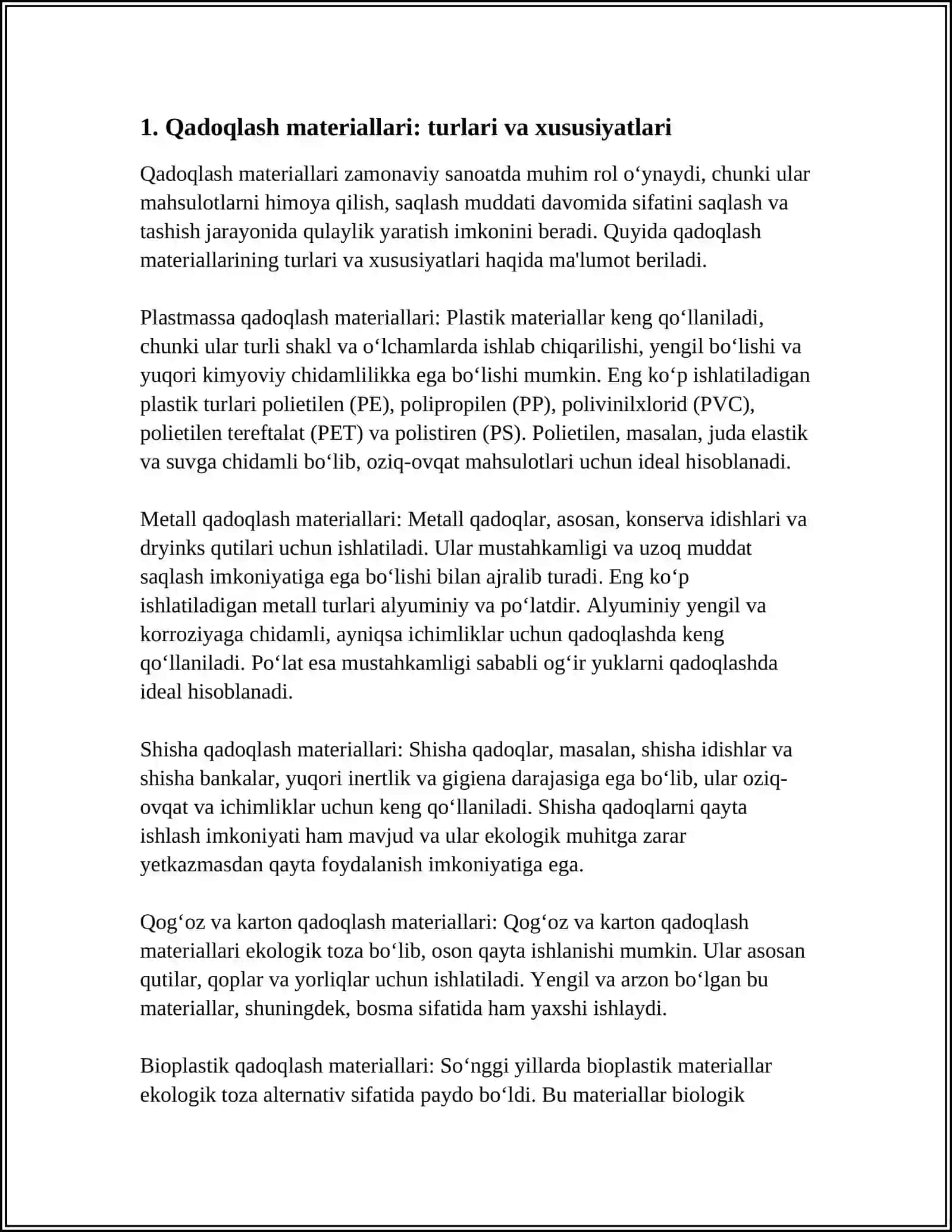 QADOQLASH PAKETLARI VA QUTILAR,QOʻLLANILISH SOHALARI 3