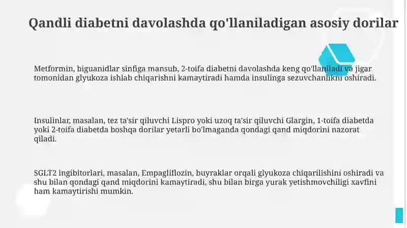 Qandli diabetni davolashda ishlatiladigan dori vositalari 3