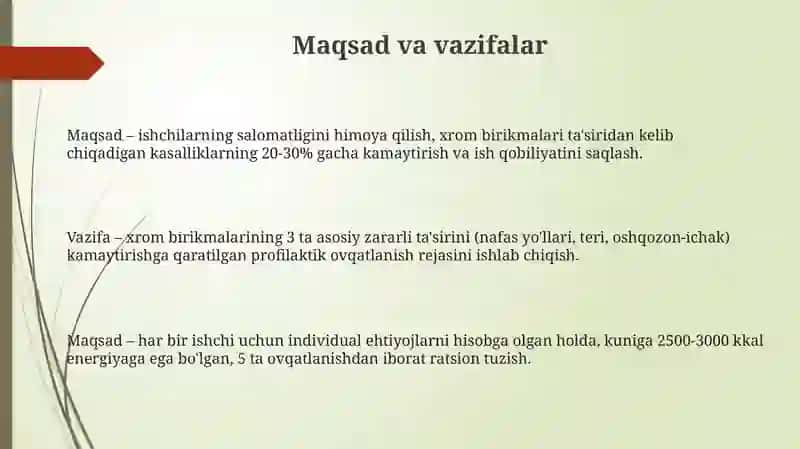 Xrom birikmalari bilan ishlovchilar uchun profilaktik ratsion tuzish 3