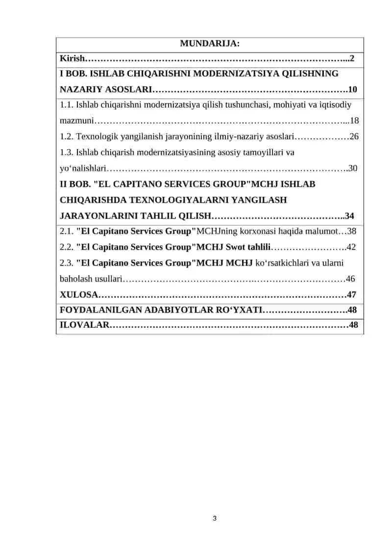 Ishlab chiqarishni modernizatsiya qilish va texnologiyalarning yangilanishi "El Capitano Services Group" Mas'uliyati 3
