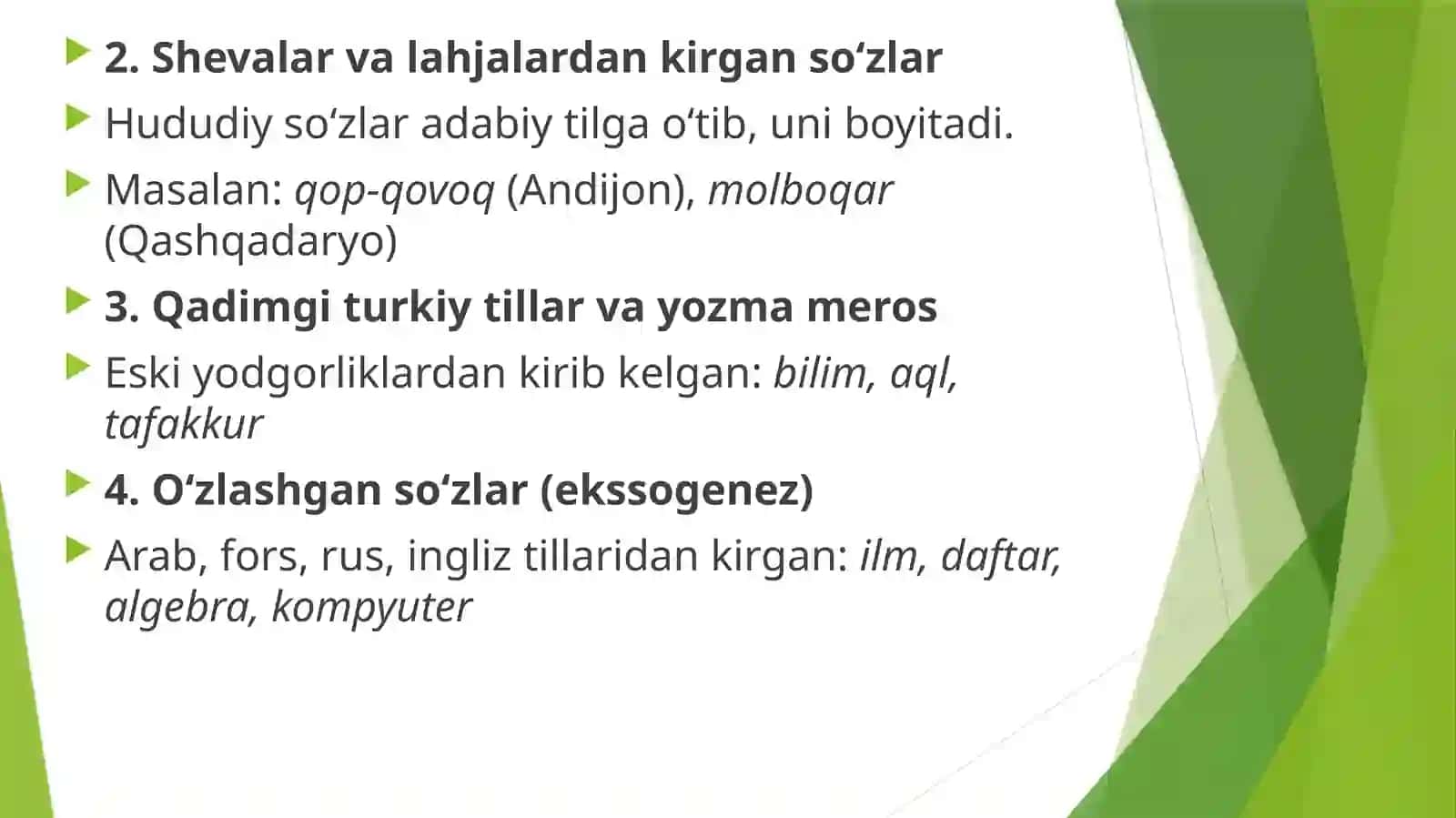 O'zbek tili leksikasining boyish manbalari.Sohaga xos o'z va o'zlashgashgan so'zlar tasnifi. Amaliy matematika sohasiga oid o'zlashgan so'zlar lug'atini tuzish 3