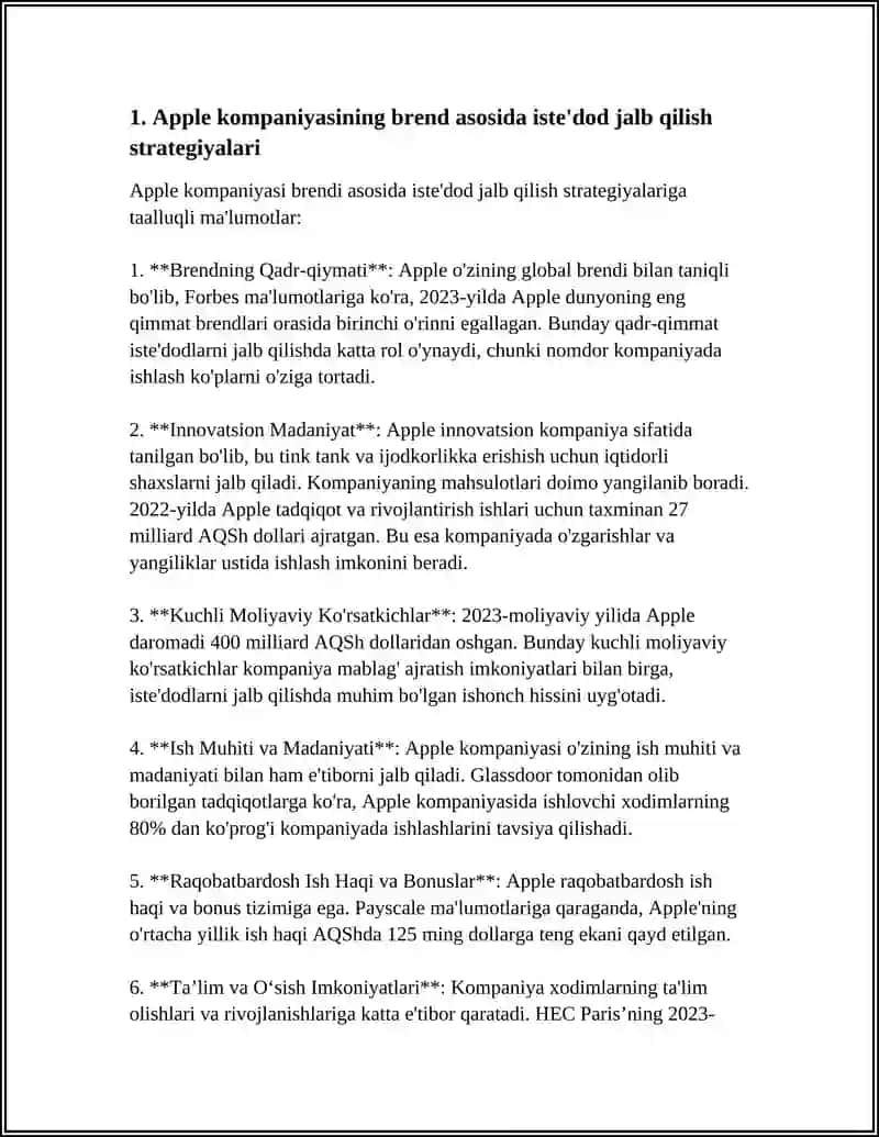 Mavzu: APPLE KOMPANIYASINING ISHGA OLISH STRATEGIYASI 3
