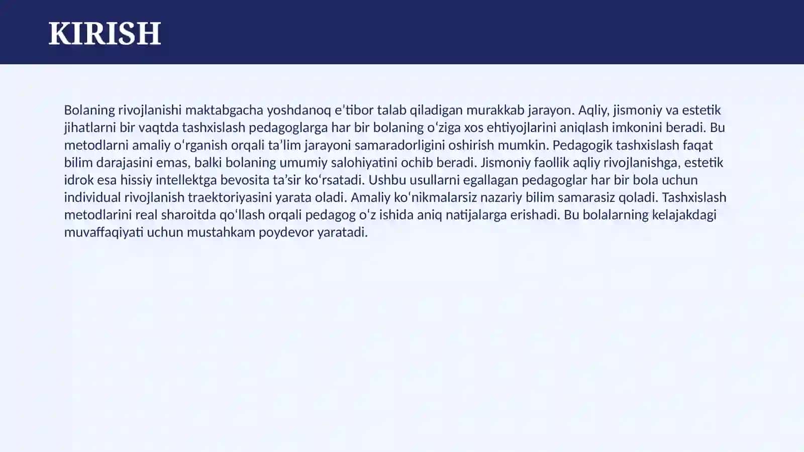 BOLANING AQLIY, JISMONIY VA ESTETIK RIVOJLANISHI PEDAGOGIK TASHXISLASHNING METODLARINI AMALIY O’RGANISH 3