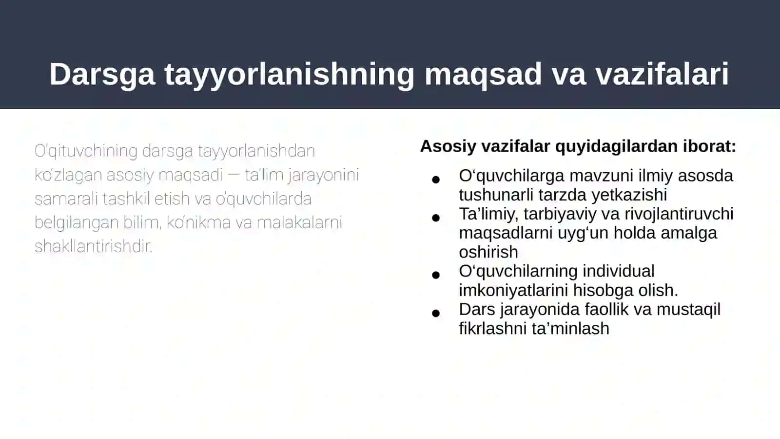O’qituvchining darsga tayyorlanishi. pedagogika 3