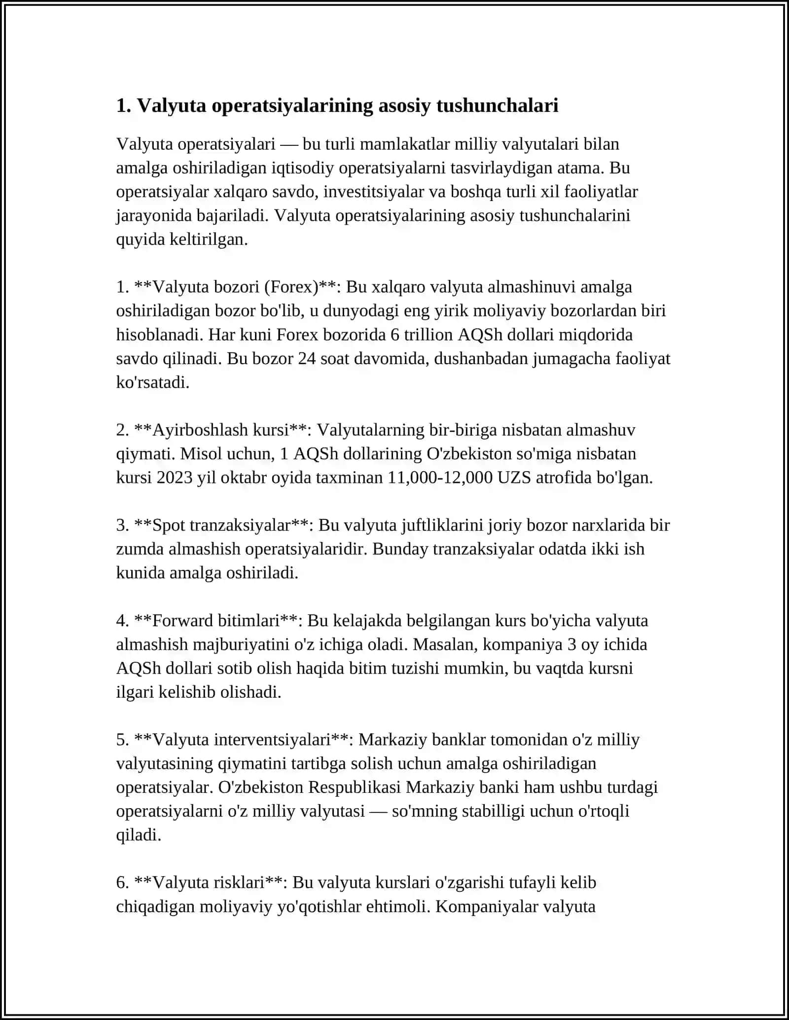 VALYUTA OPERASIYALARINI TASHKIL ETISH, VALYUTA POZITSIYASI VA NAZORATI 3