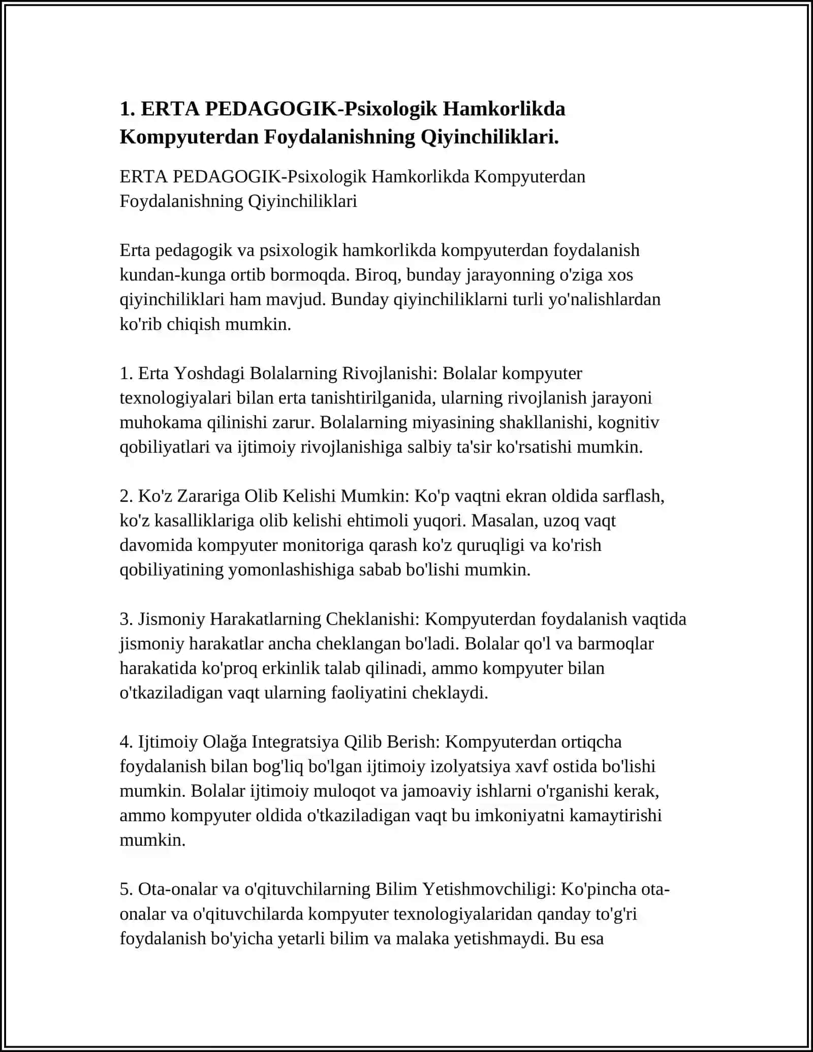 ERTA PEDAGOGIK -PSIXOLOGIK HAMKORLIK TASHKIL ETISHDA YUZAGA KELADIGAN QIYINCHILIKLARNI TAHLILI 3