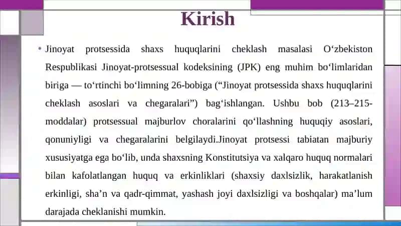 JINOYAT PROTSESSIDA SHAXS HUQUQLARINI CHEKLASH ASOSLARI VA CHEGARALARI 3