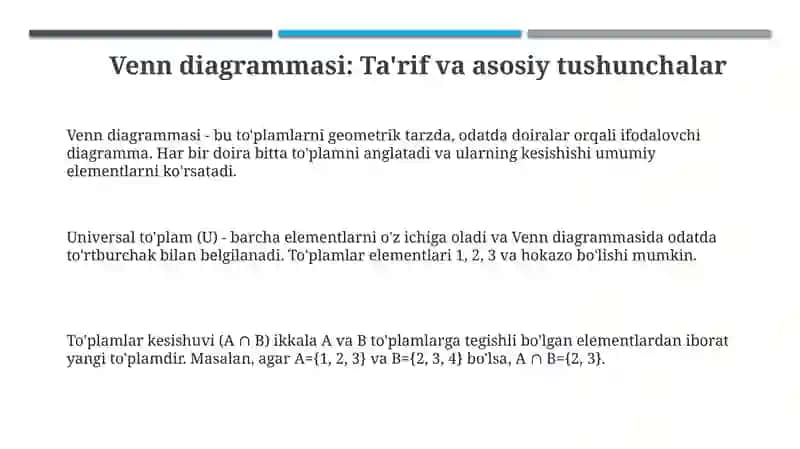 Venn diagrammalari: Asoslar va Qo'llanilishi 3