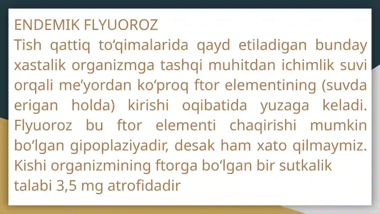 Suv kimyoviy tarkibi bilan bog’liq bo’lgan stomatologik kasalliklar va ularni oldini olishning gigiyenik jihatlari 3