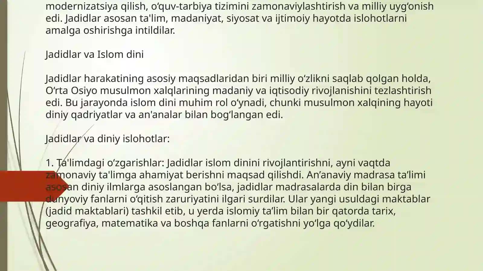 Jadid ma’rifatparvarlarining o’lka ijtimoiy-ma’naviy hayotda tutgan o’rni. 3