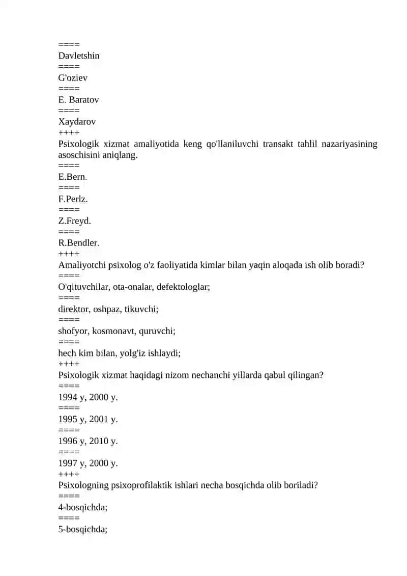 Ta’lim muassasalarida psixologik xizmat fanidan test savollari: 3-4kurslar uchun 3