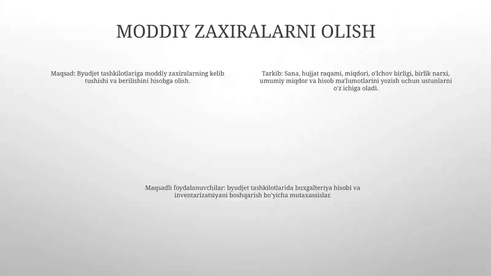 Buydjet Tashkilotlarida Tovar Moddiy Zaxiralarining Kirimi Hamda Xisobdan Chiqarishi Hisobi 3