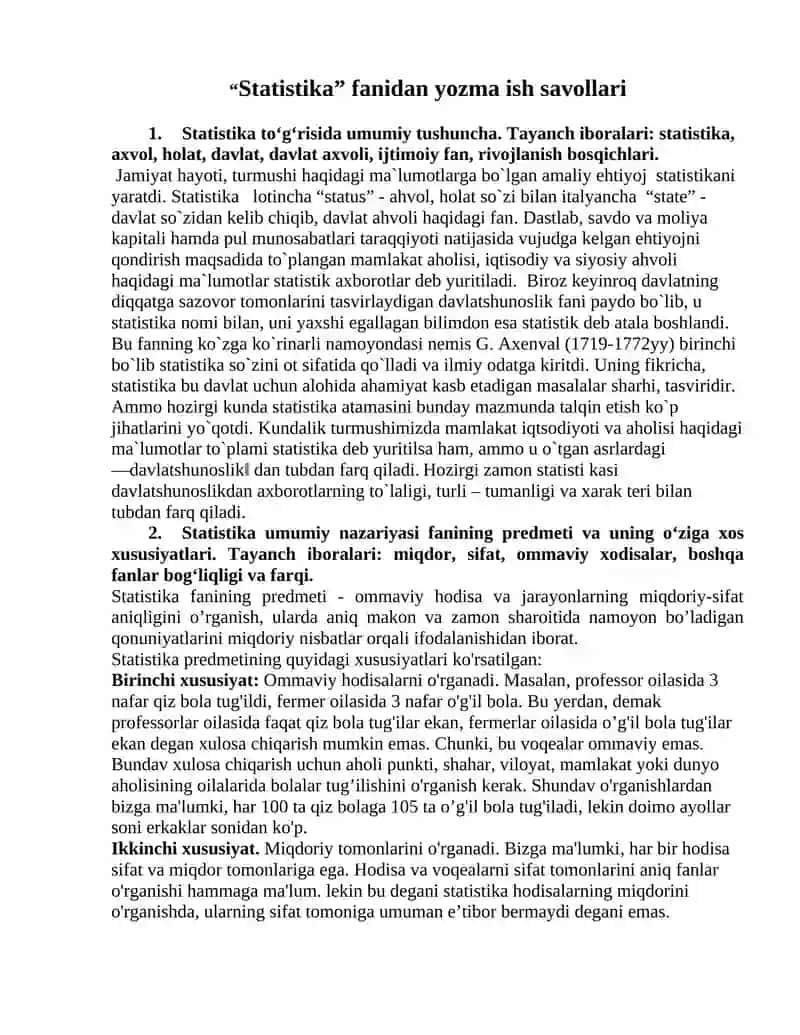 Statistika Fanidan Yakuniy Nazorat Variantlari 3