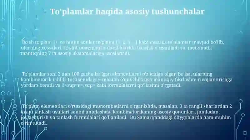 Moslik to'plamlar munosabati va kominatoriya elementlari tushunchasi 3