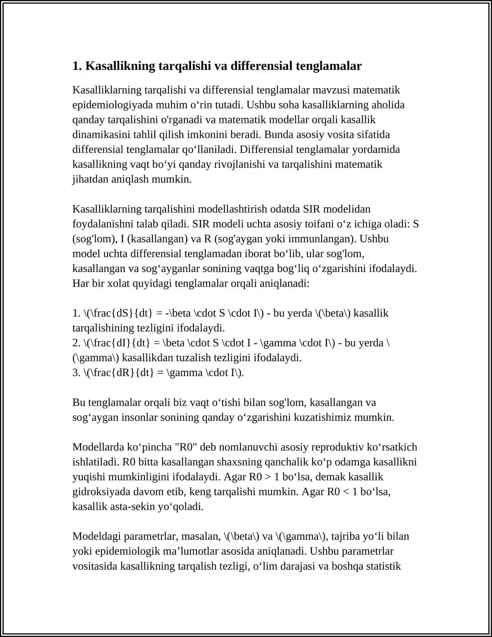 TIBBIYOT BIOLOGIK MAZMUNDAGHI DIFFERENSIAL TENGLAMALARNI TUZISH VA YECHISH. TIBBIYOT, BIOLOGIYA VA FARMATSIYANING AMALIY MASALALARINI OCHIB BERISH 3