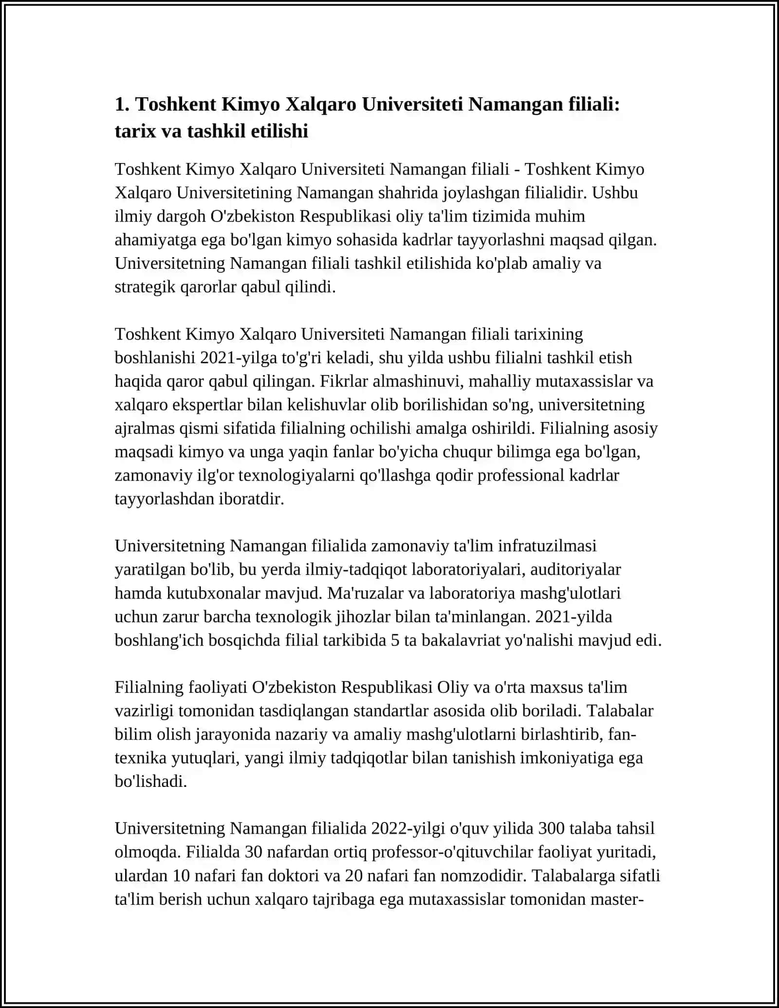 Toshkent Kimyo Xalqaro Universiteti Namangan filiali: tarix va tashkil etilishi 3
