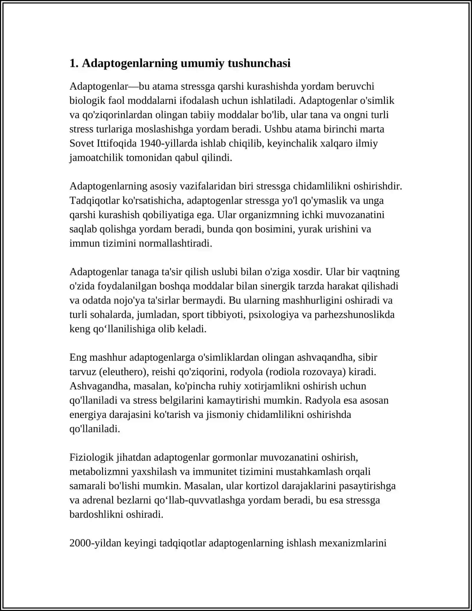ODAM ORGANIZMI TONUSINI KUCHAYTIRUVCHI DORI VOSITALARI. ADAPTOGENLAR 3