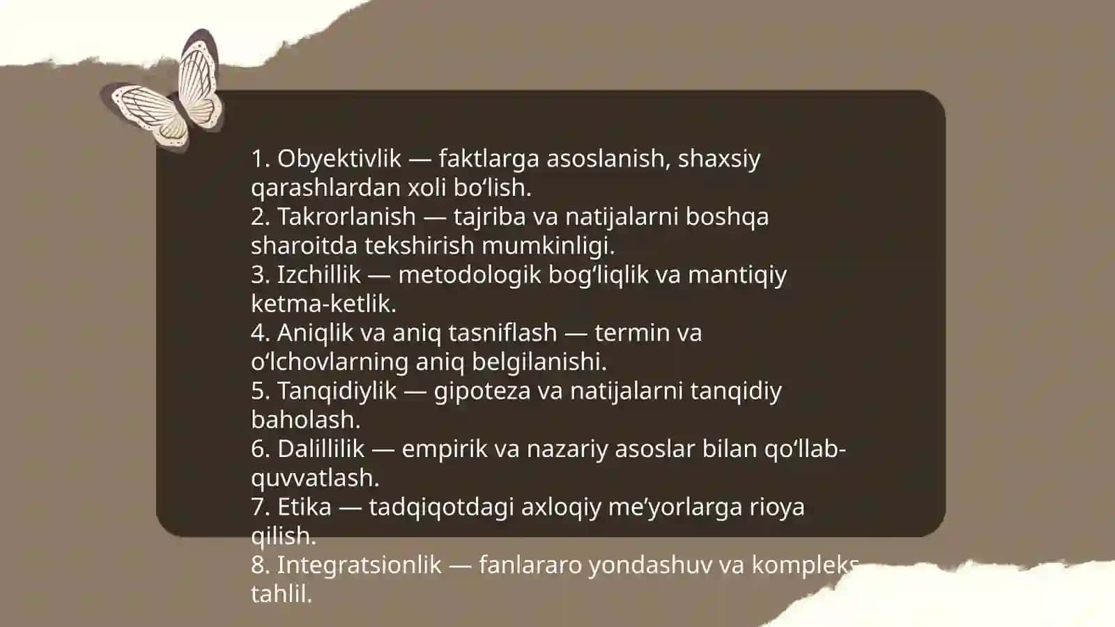 Ilmiy tadqiqot metodlari, abrabatsiya, test, tajriba, tahlil metodlari 3