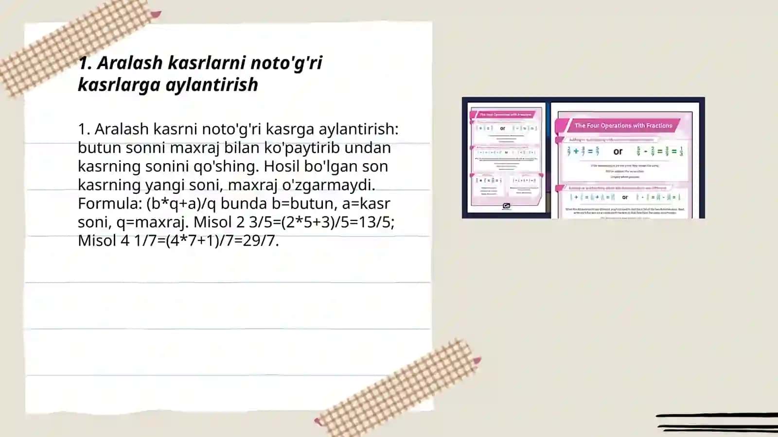 Aralash kasrlar va ular ustida amallar bajarish.O'nli kasr 3