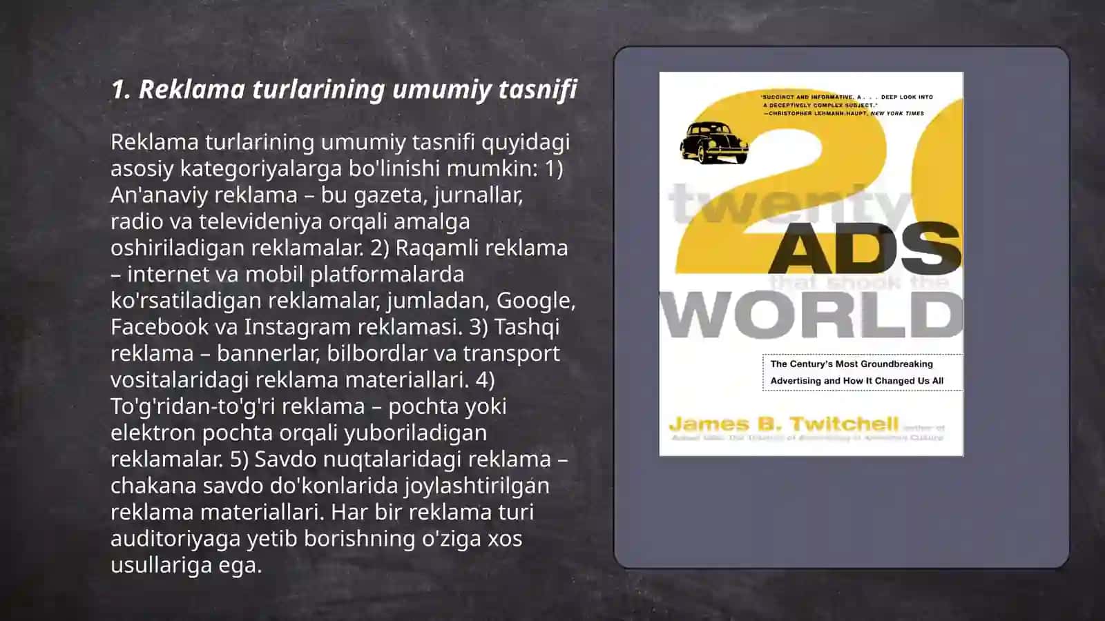 Reklama tasnifi. Reklama faoliyatining tuzilishi 3