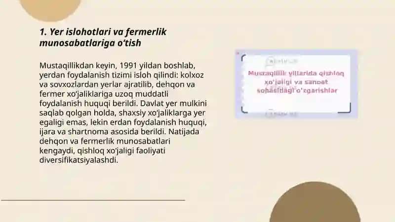 Mustaqillik yillarida qishloq xoʻjaligi va sanoat sohasidagi oʻzgarishlar 3