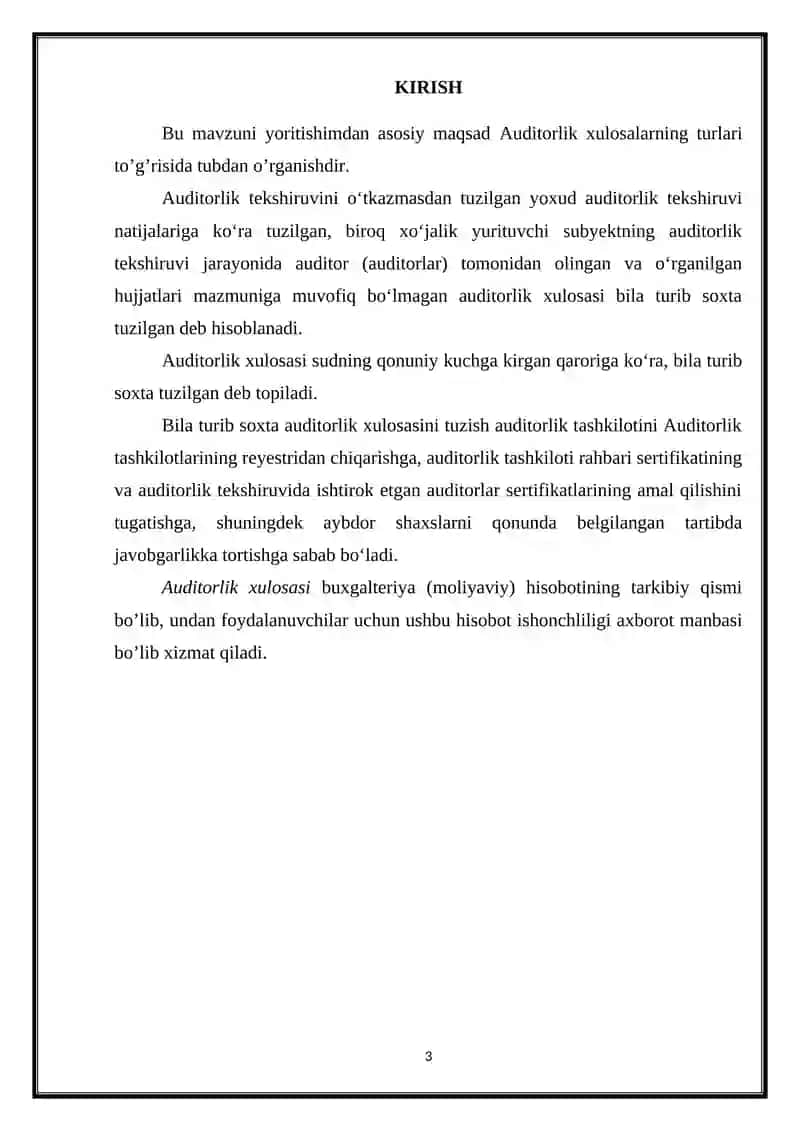 Reja: I.	Kirish II.	Asosiy qism	 2.1. Majburiy auditorlik tekshiruvi.  2.2. Tashabbus tarzidagi (ixtiyoriy) auditorlik tekshiruvi.  2.3. Nazorat qiluvchi yoki huquqni muhofaza qiluvchi organlar tashabbusiga ko‘ra audit o‘tkazish xususiyatlari.  2.4. Auditorlik tashkilotlarining professional xizmatlari  III.	Xulosa IV.	Foydalanilgan adabiyotlar 3