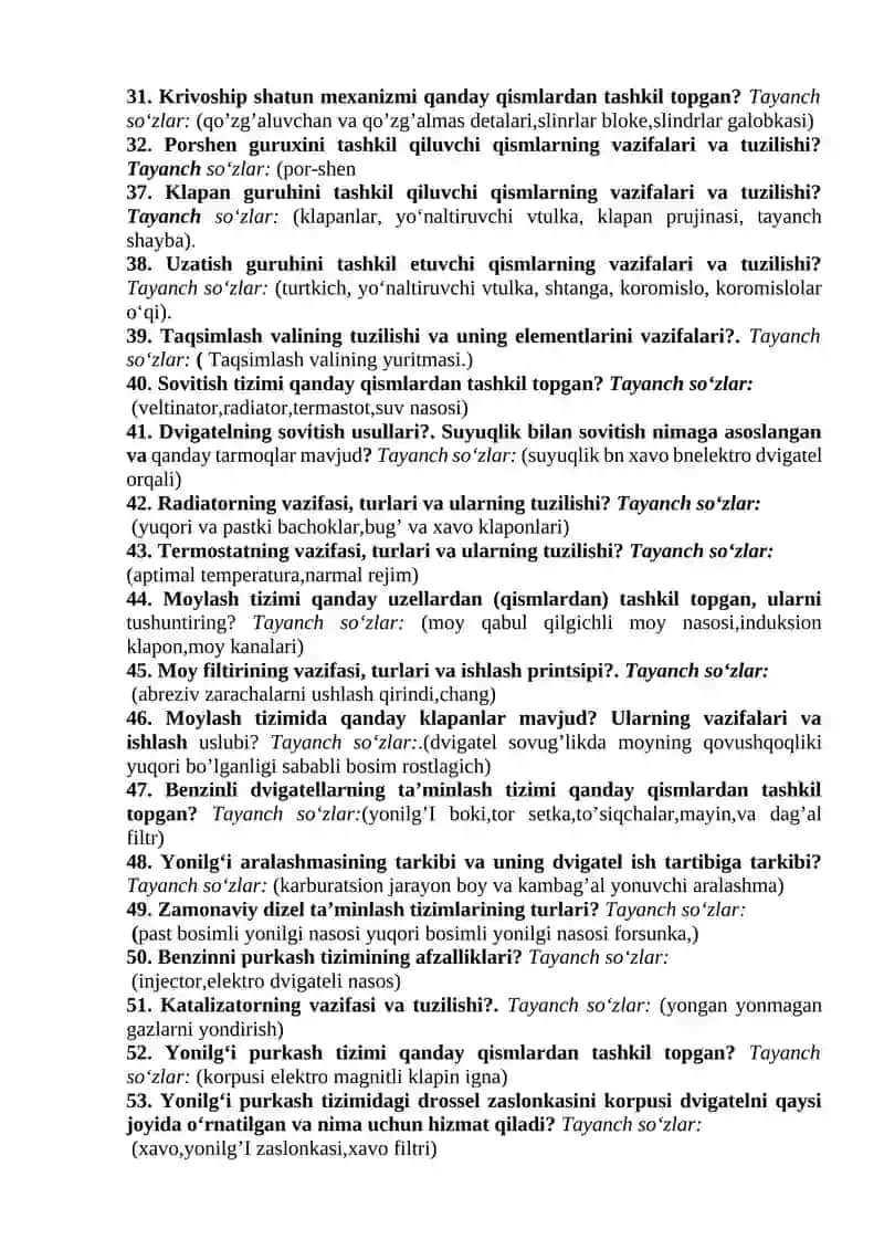 Transport vositalari konstruksiyasi fanidan nazorat savollari (DAK) uchun 3