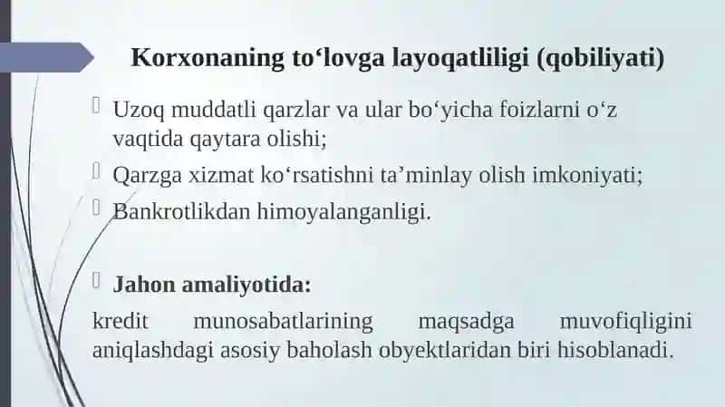 Korxonaning to‘lovga qodirlik va moliyaviy barqarorlik tahlili 3
