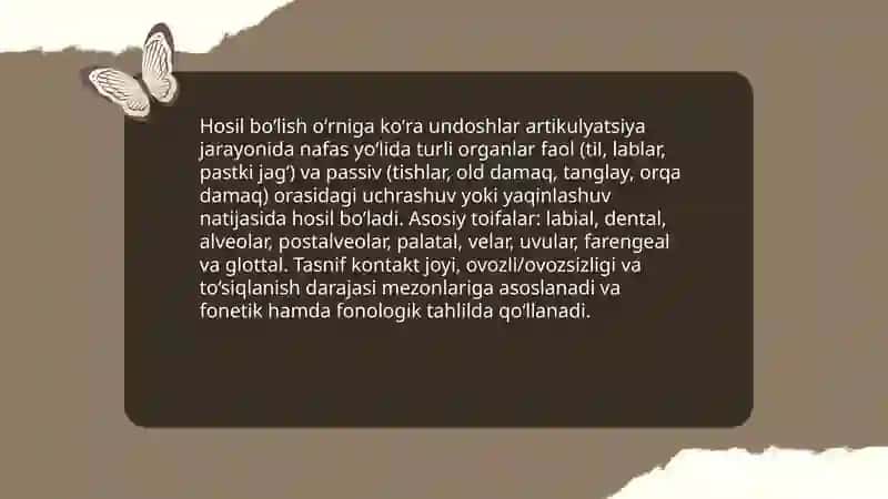 Hosil boʻlish oʻrniga koʻra undosh tovushlar tasnifi 3