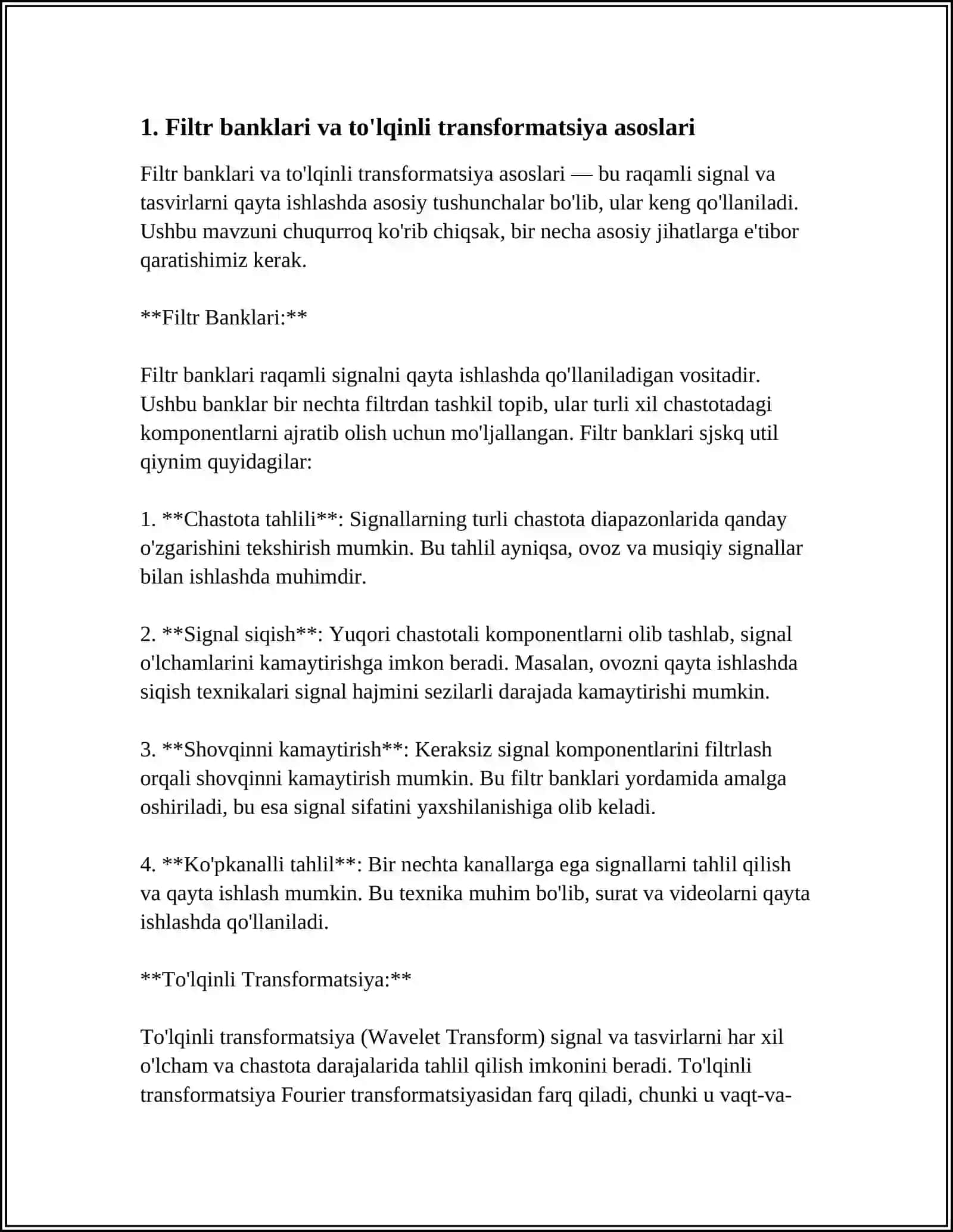MUSTAQIL ISH Mavzu: FILTR BANKLARI VA TO'LQINLI (WAVELET) TRANSFORMATSIYA 3