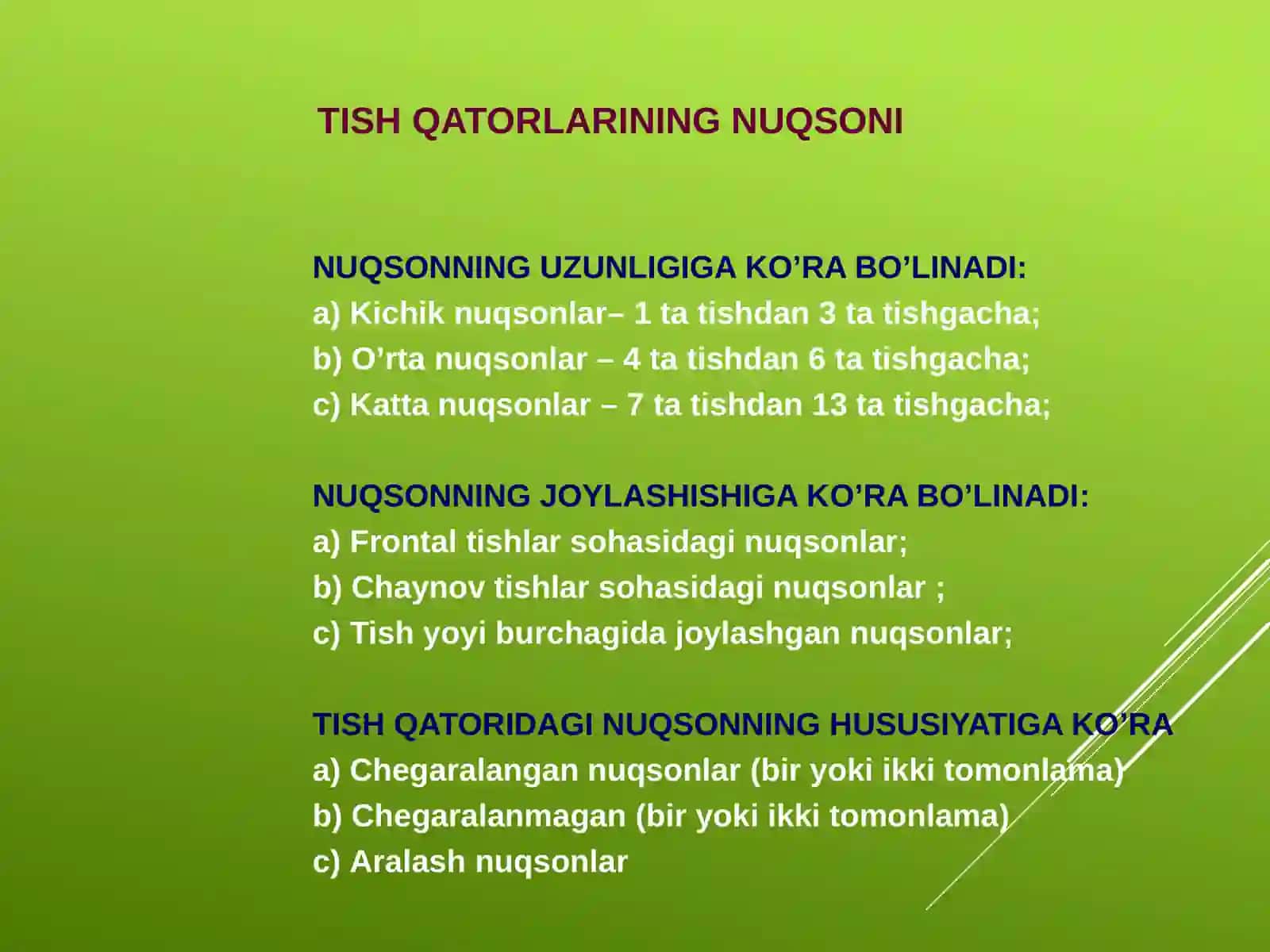 Tishlarning qisman nuqsonlari. Kelib chiqishi, patogenezi, klinikasi, diagnostikasi, tekshirish usullari va tashxisi. 3