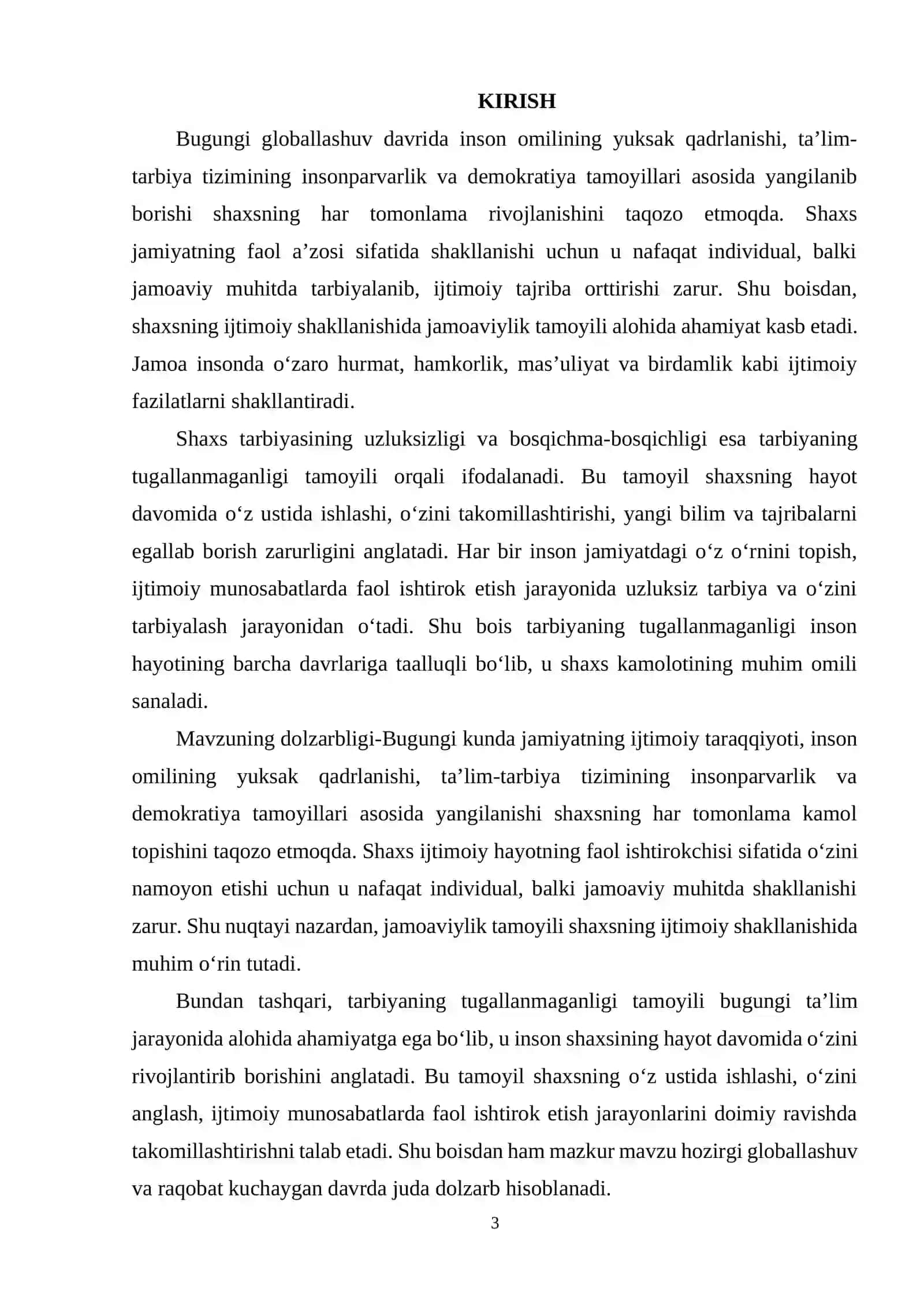 Shaxsning ijtimoiy shakillanishida jamoaviylik va tarbiyaning tugallanmaganligi tamoyillarining o’rni 3