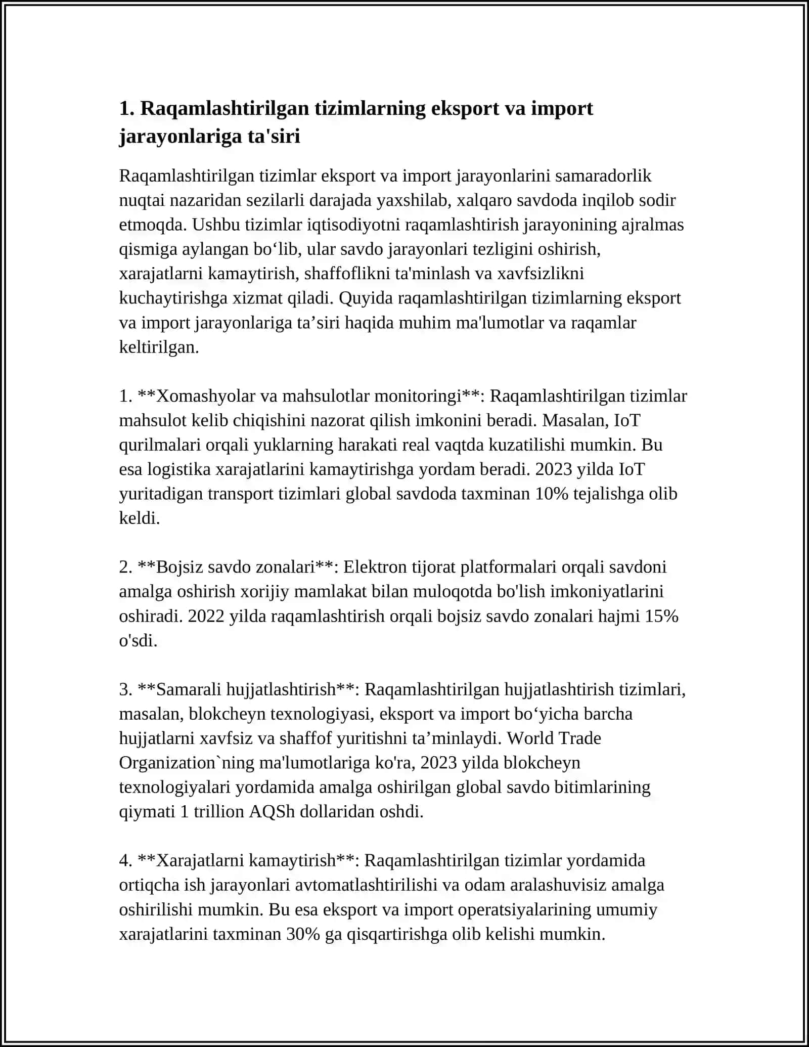 EKSPORT VA IMPORTGA IQTISODIYOTNI RAQAMLASHTIRISHNING TA'SIRI MAVZUSIGA MUSTAQIL ISH REFERAT SHAKLDA 3