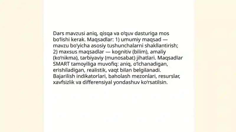 Boshlangʻich taʼlim Texnologiya taʼlimi darslarida (1-2-sinflar uchun) mashgʻulot ishlanmasini tayyorlash 3