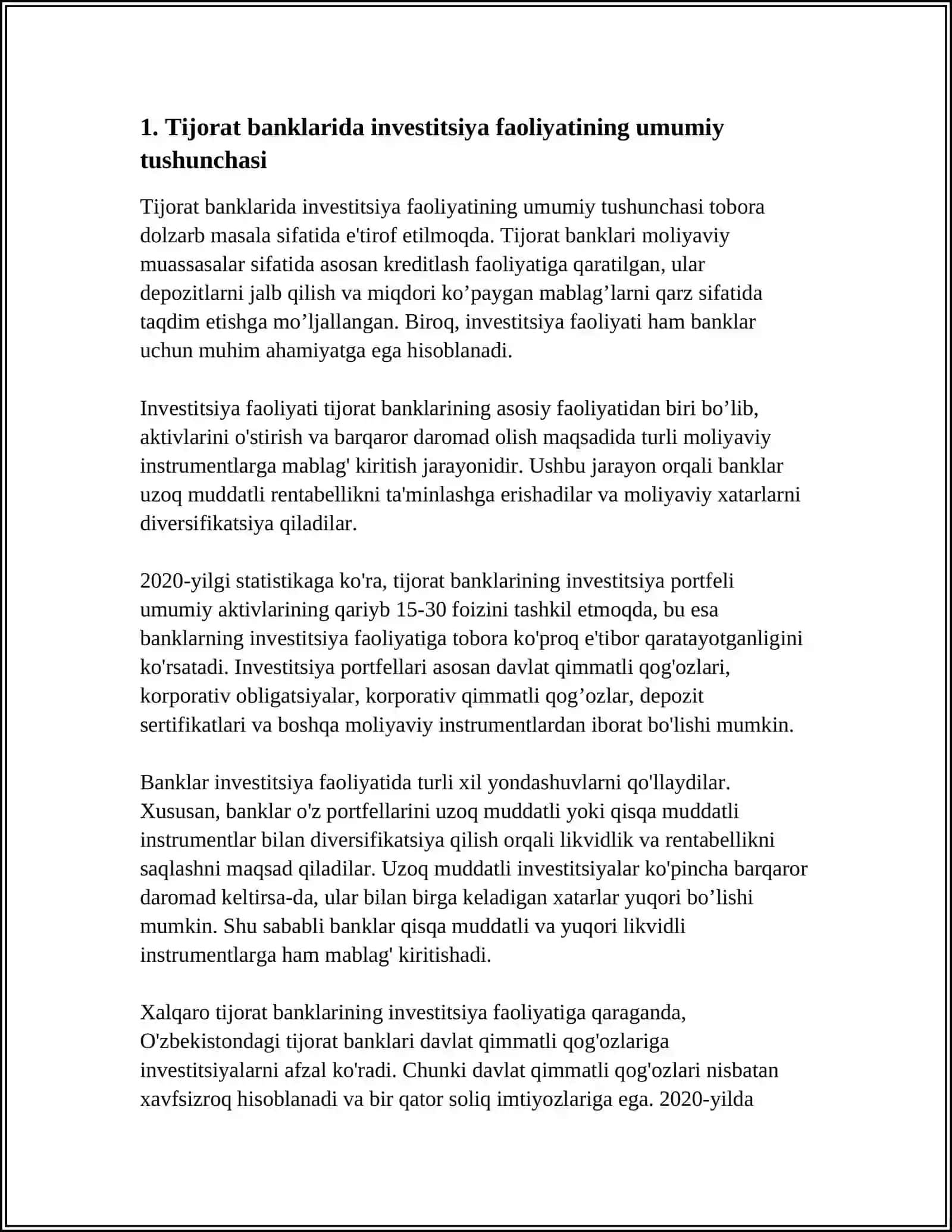 TIJORAT BANKLARIDA INVESTITSIYA FAOLIYATINING HISOBI 3