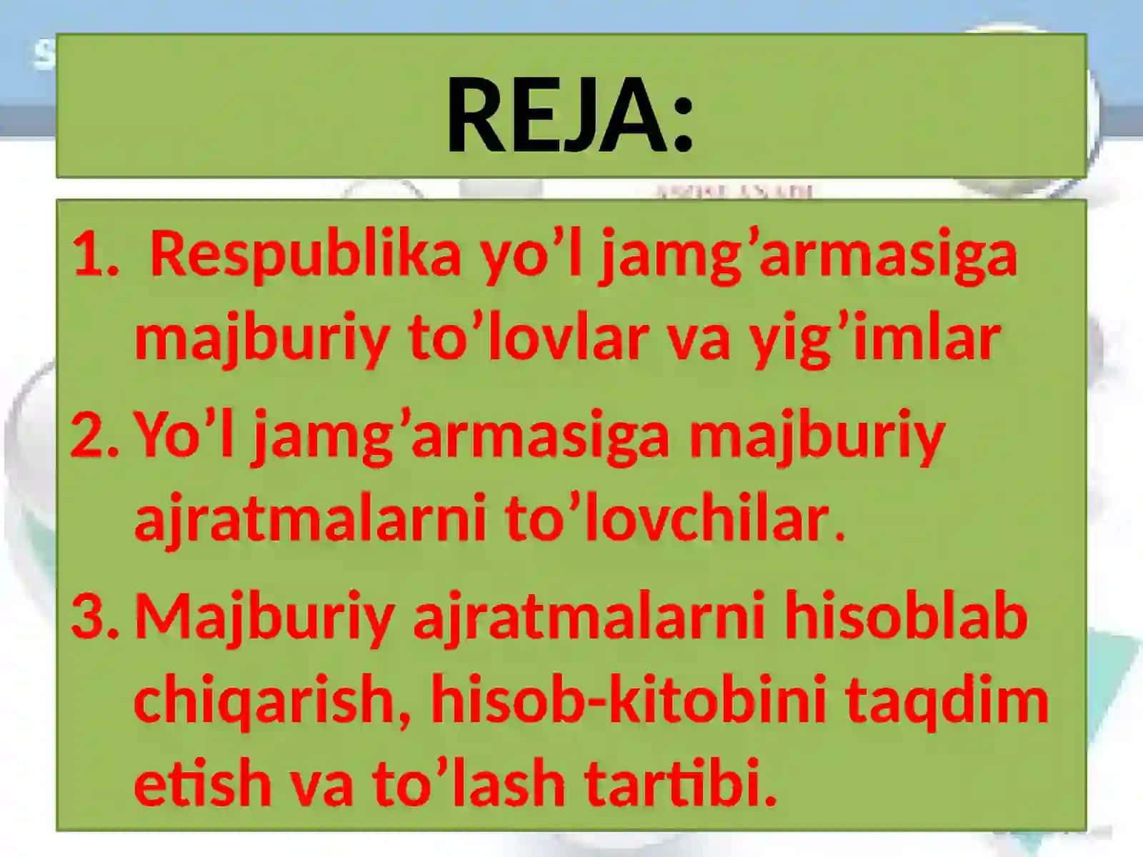 SOLIQ VA SOLIQQA TORTISH fanidan mustaqilish Respublika yo’l jamg’armasi gamaj buriy jratmalarga to’lovlar va yig’imlar 3