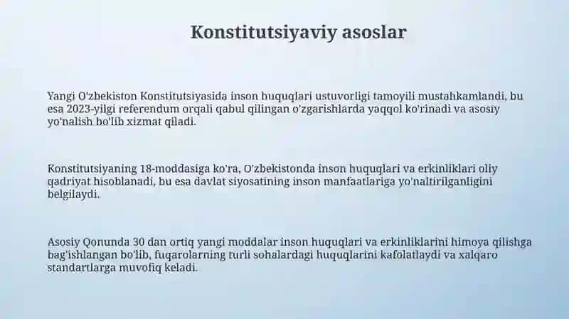 Yangi Oʻzbekiston haq huquqlari va erkinliklari kafolatining yaratilishi 3
