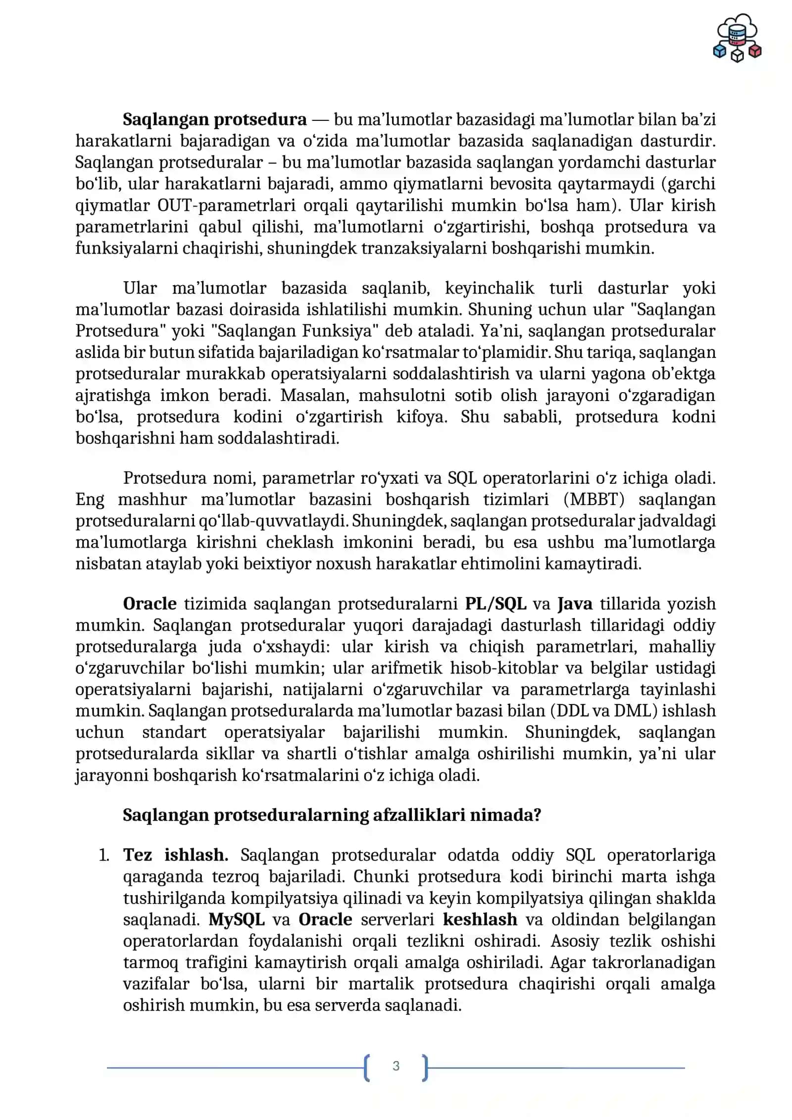 SXEMAGA TEGISHLI OBYEKTLAR. SAQLANGAN PROTSEDURALAR VA FUNKSIYALAR 3