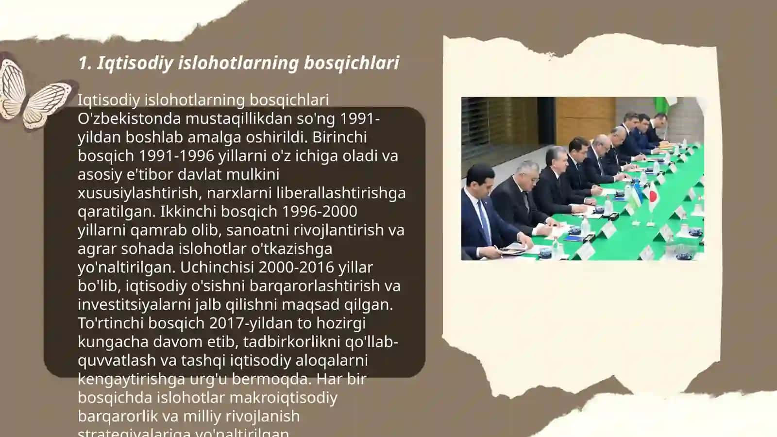 Iqtisodiy islohotlar,xususiy mulkchilikning shakllanishi. O'zbekistonda bozor munosabatlarining rivojlanishi 3