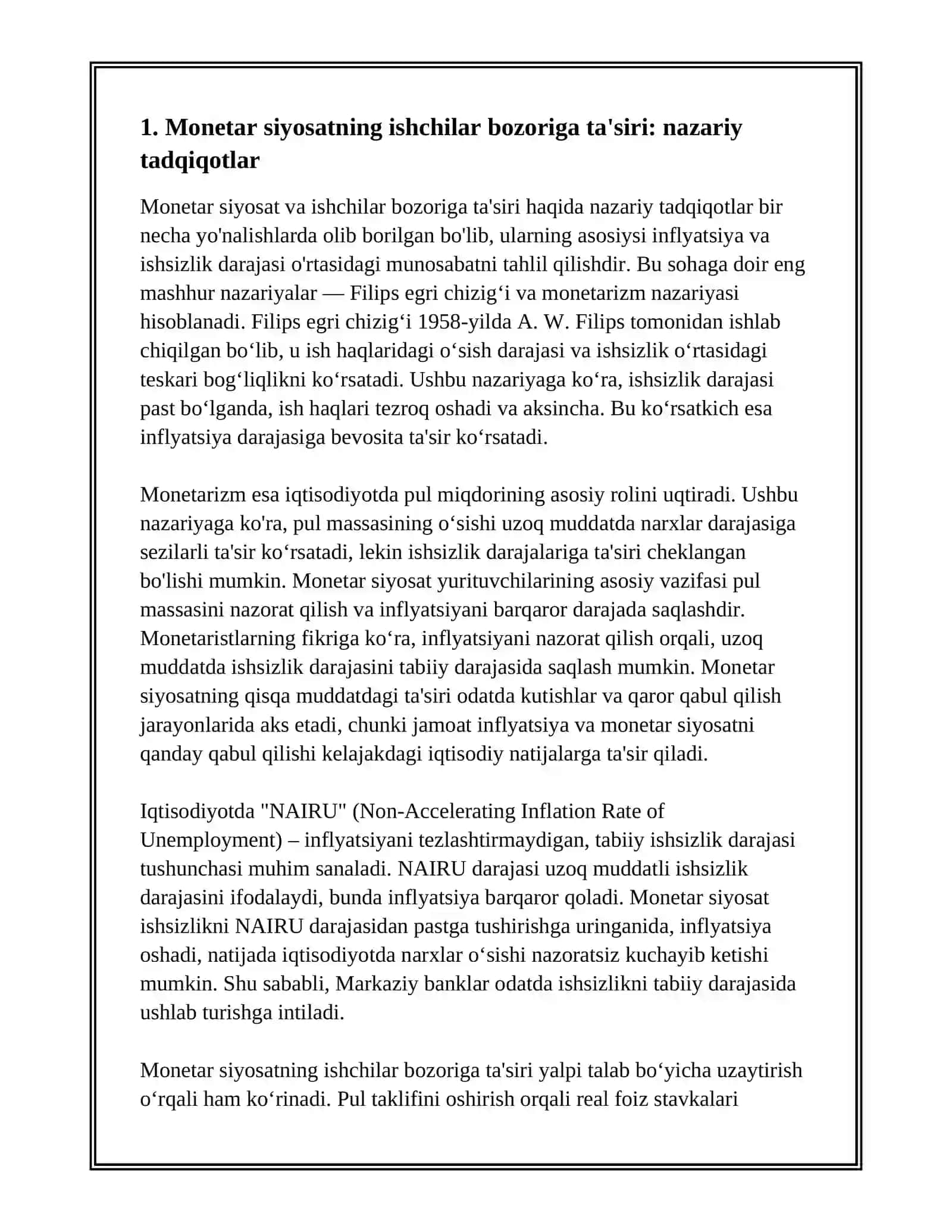 MONETAR SIYOSAT VA ISHSIZLIK DARAJASI O’RTASIDAGI BOG’LIQLIK 3