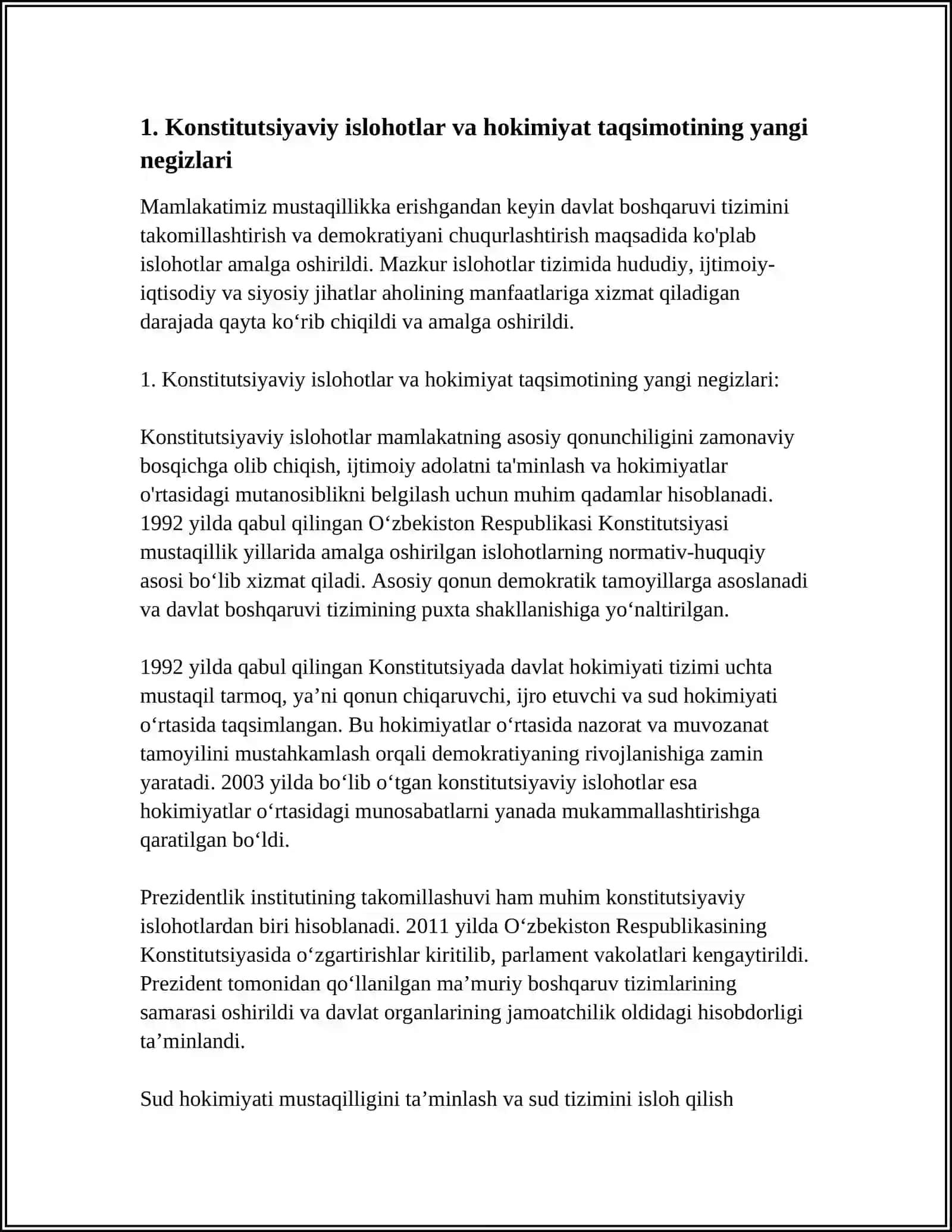 MUSTAQILIK YILLARDA DAVLAT BOSHQARUVI TIZIMIDA AMALGA OSHIRILGAB ISLOHATLAR 3