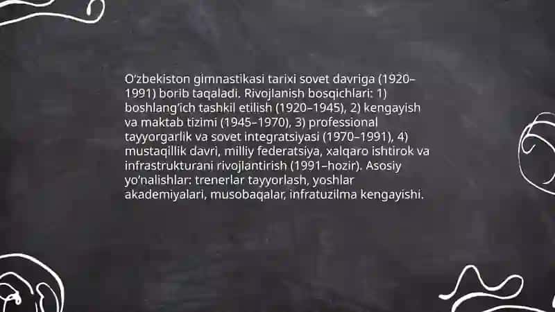 Oʻzbekiston gimnastikasining tarixi va rivojlanish bosqichlari 3